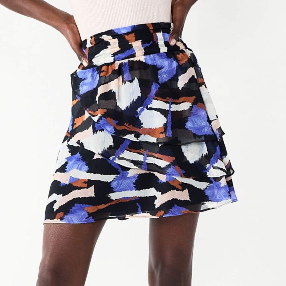 Nine West Blue Black Camel Abstract Ruffle Mini Skirt Women Size XL Flowy Layer